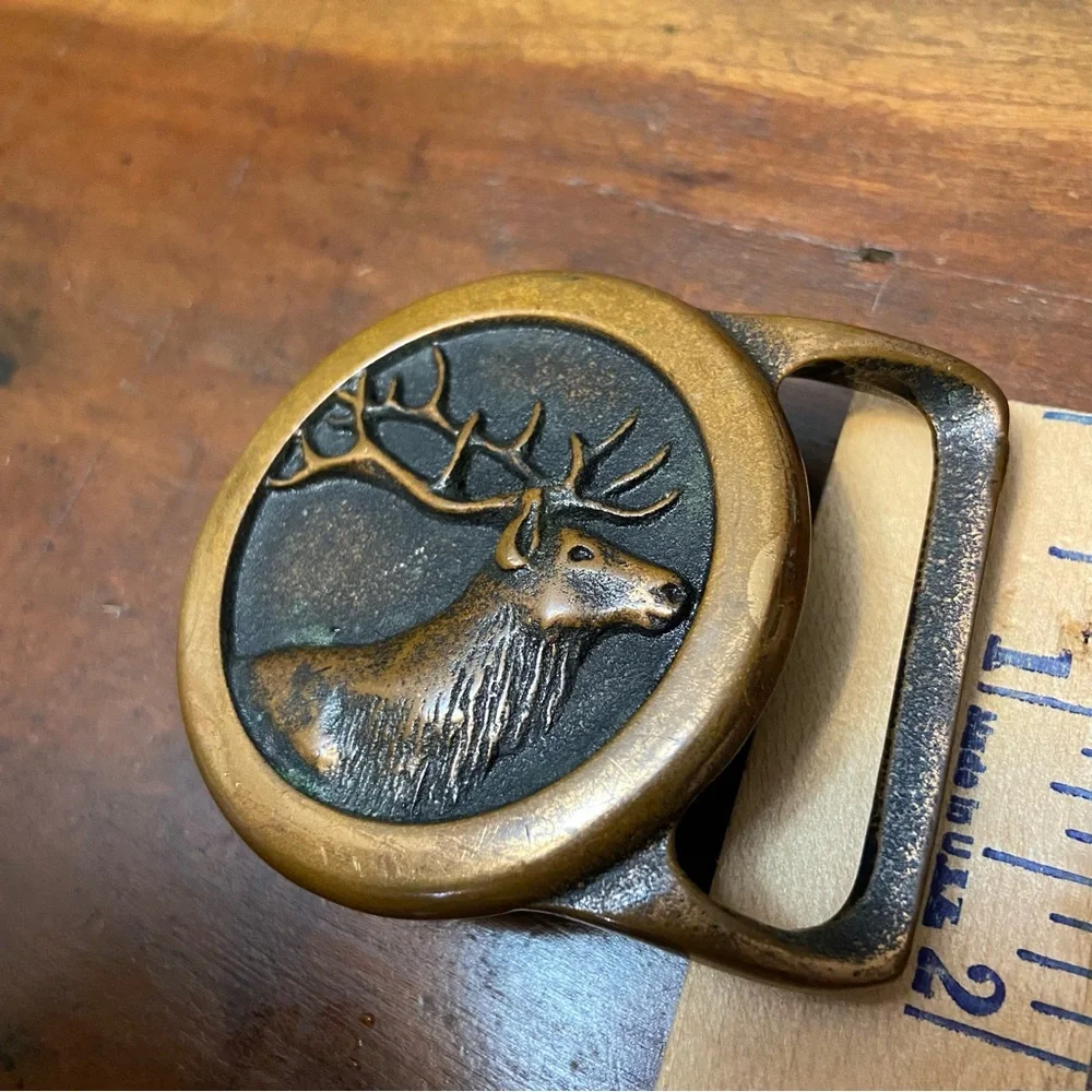 Rare Vintage 1978 Solid Brass Mens Elk Belt Buckle